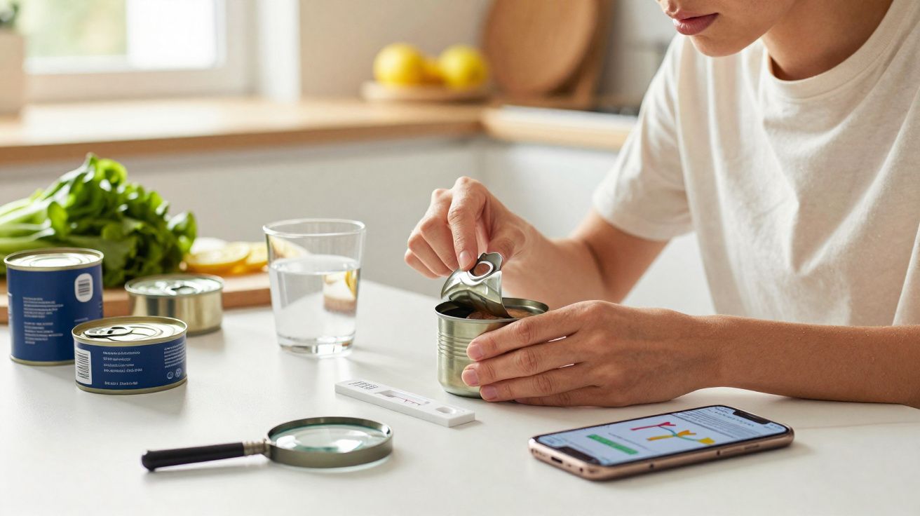 Pessoa a abrir lata de comida enlatada numa cozinha com vários objetos e telemóvel na mesa.