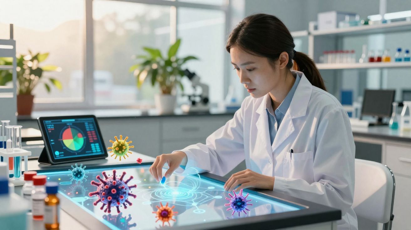 Cientista em laboratório a analisar hologramas de vírus numa mesa digital interativa com gráficos num tablet.