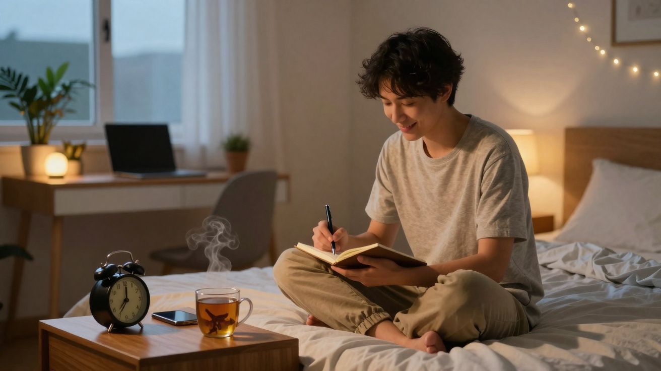 Pessoa sentada na cama a escrever num caderno, com chá e despertador numa mesa ao lado num quarto acolhedor.