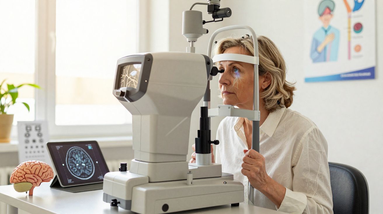 Mulher a fazer exame oftalmológico com equipamento especializado num consultório luminoso.