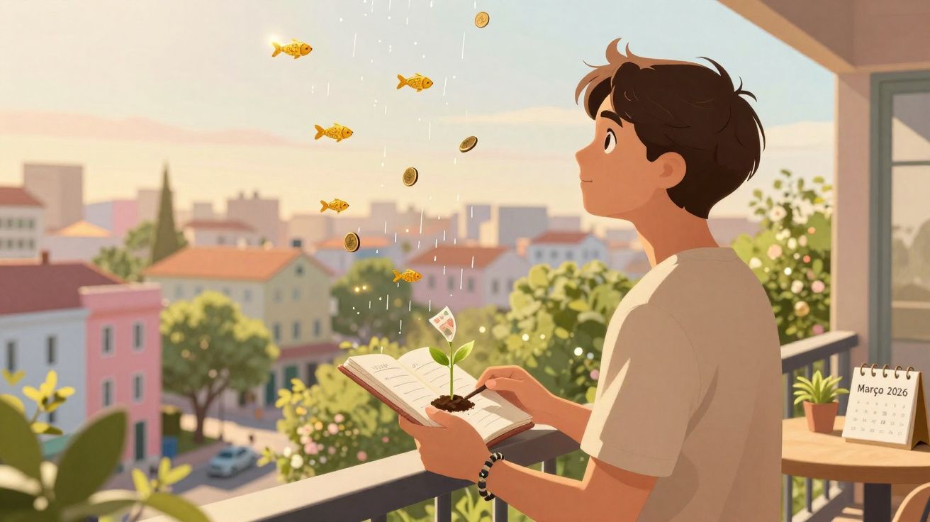 Jovem numa varanda lendo livro de onde cresce planta regada com moedas e peixes dourados a cair.
