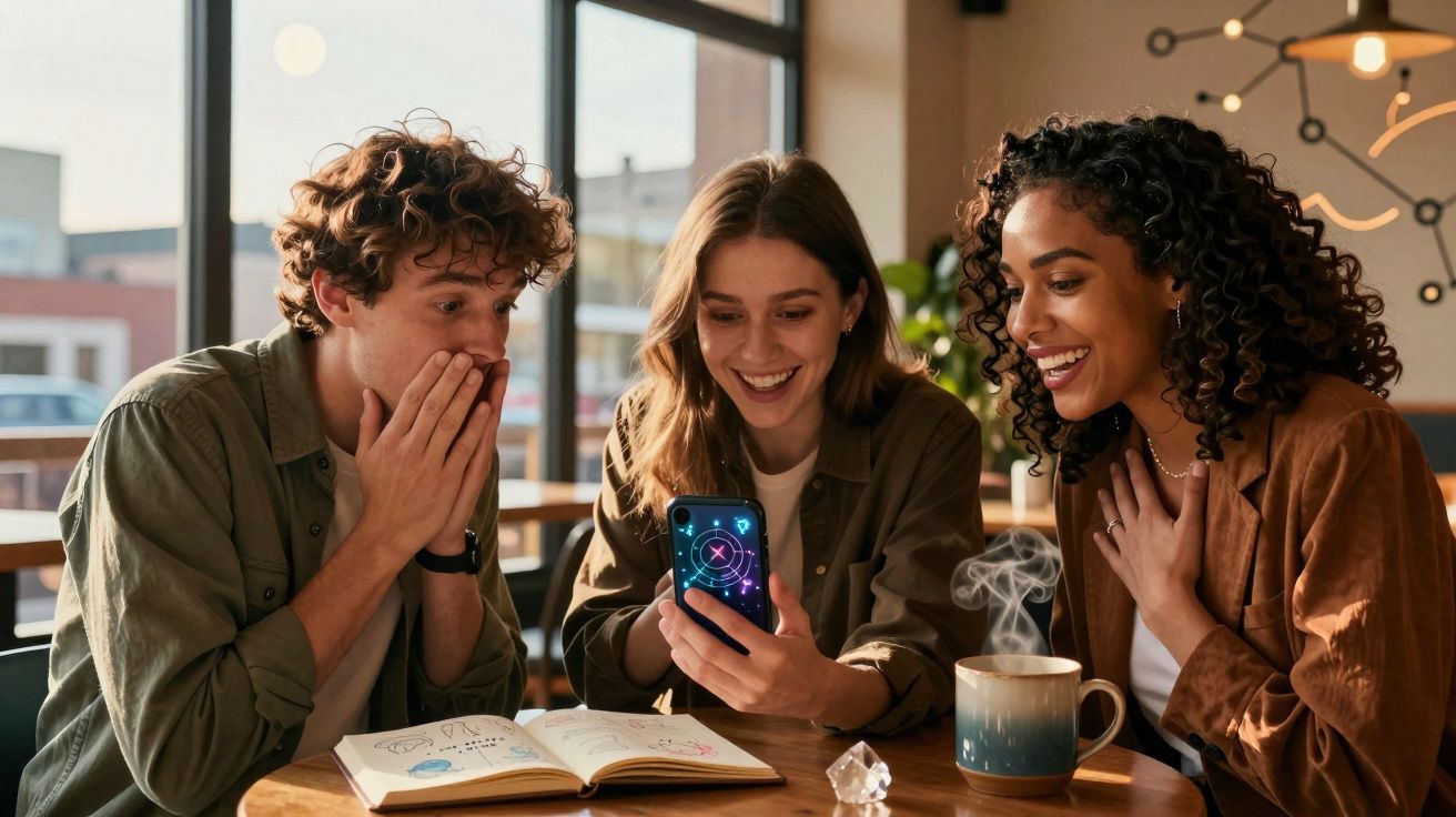 Três amigos sentados num café, sorrindo e olhando para um telemóvel com imagens digitais coloridas.