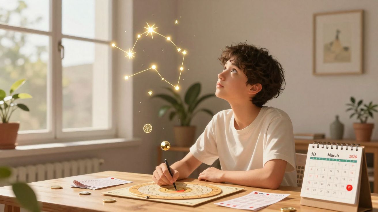 Criança observa constelação dourada enquanto faz atividade de astrologia numa mesa iluminada pelo sol.