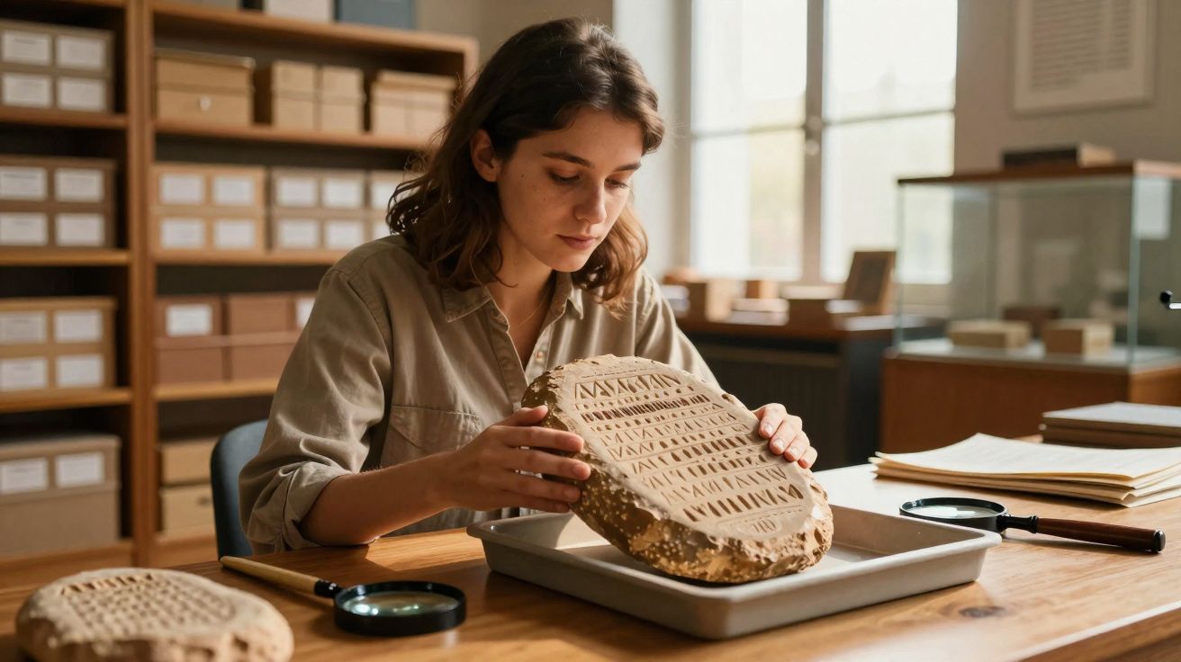 Mulher a examinar uma tábua de argila antiga com inscrições num escritório de arqueologia.