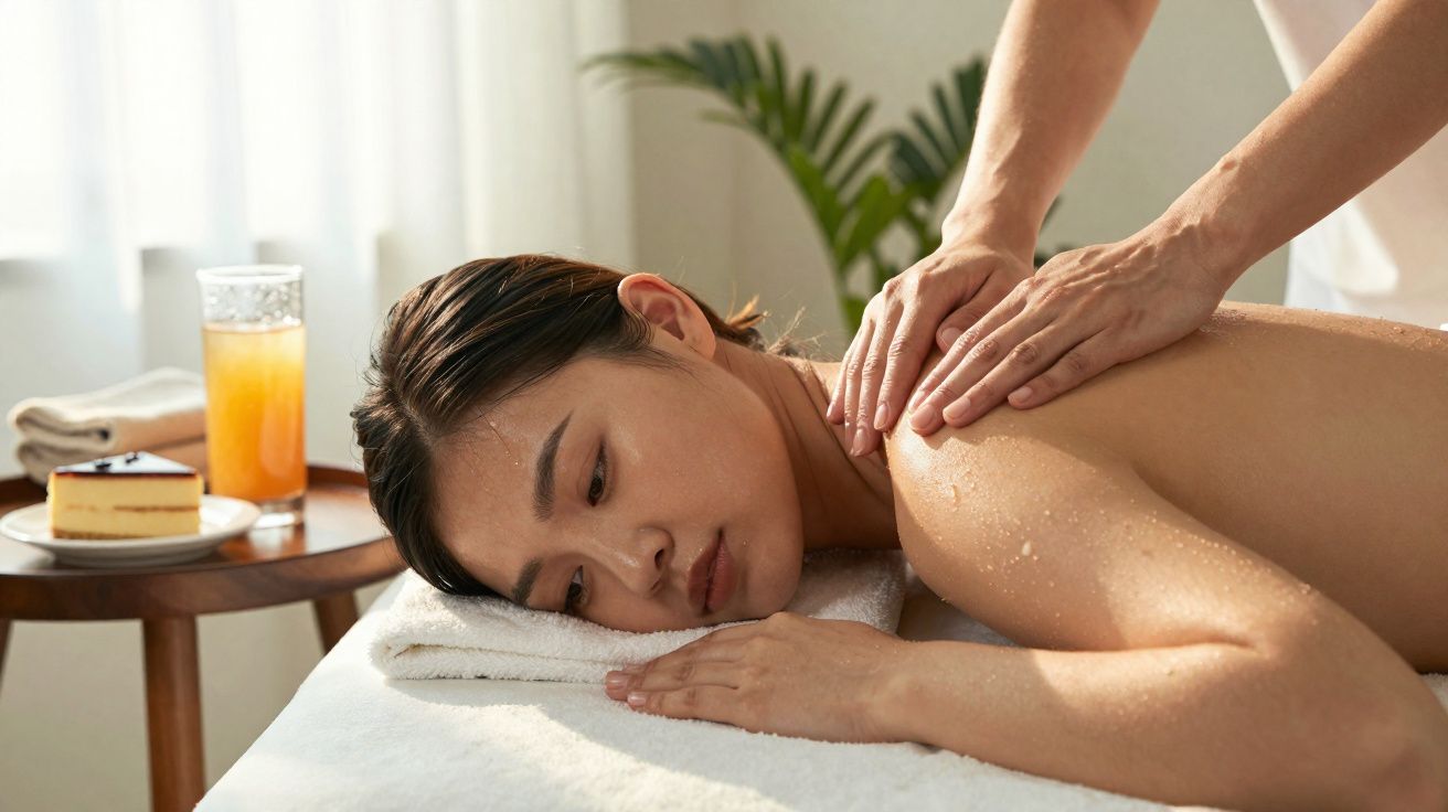 Pessoa a receber massagem nas costas deitada numa toalha branca com sobremesa e sumo ao lado.