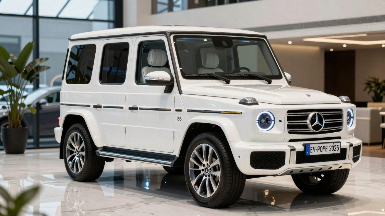 Carro Mercedes-Benz G-Class branco estacionado em interior moderno e luminoso.