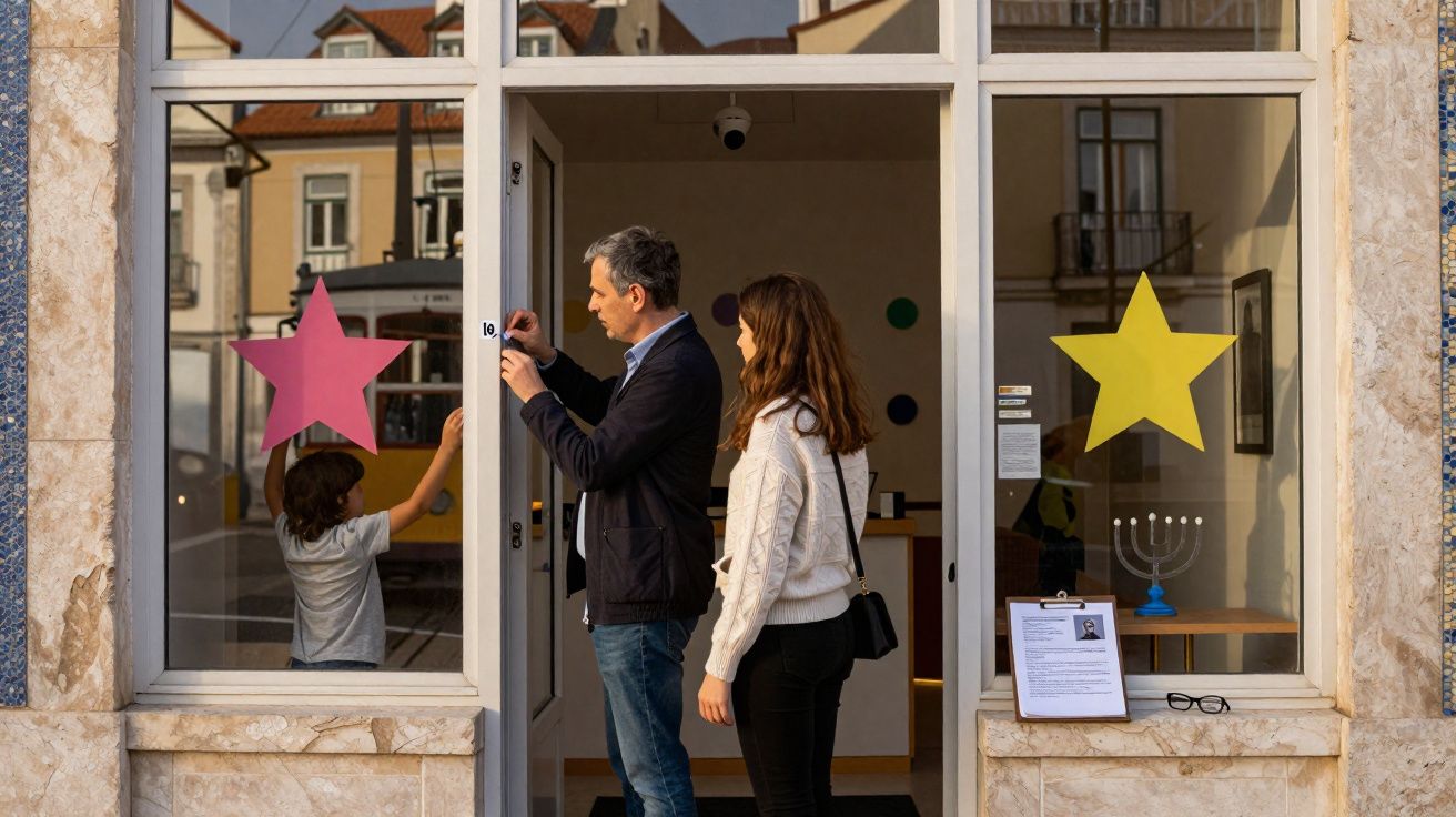 Homem a abrir porta de vidro decorada com estrelas coloridas, mulher e criança no interior.