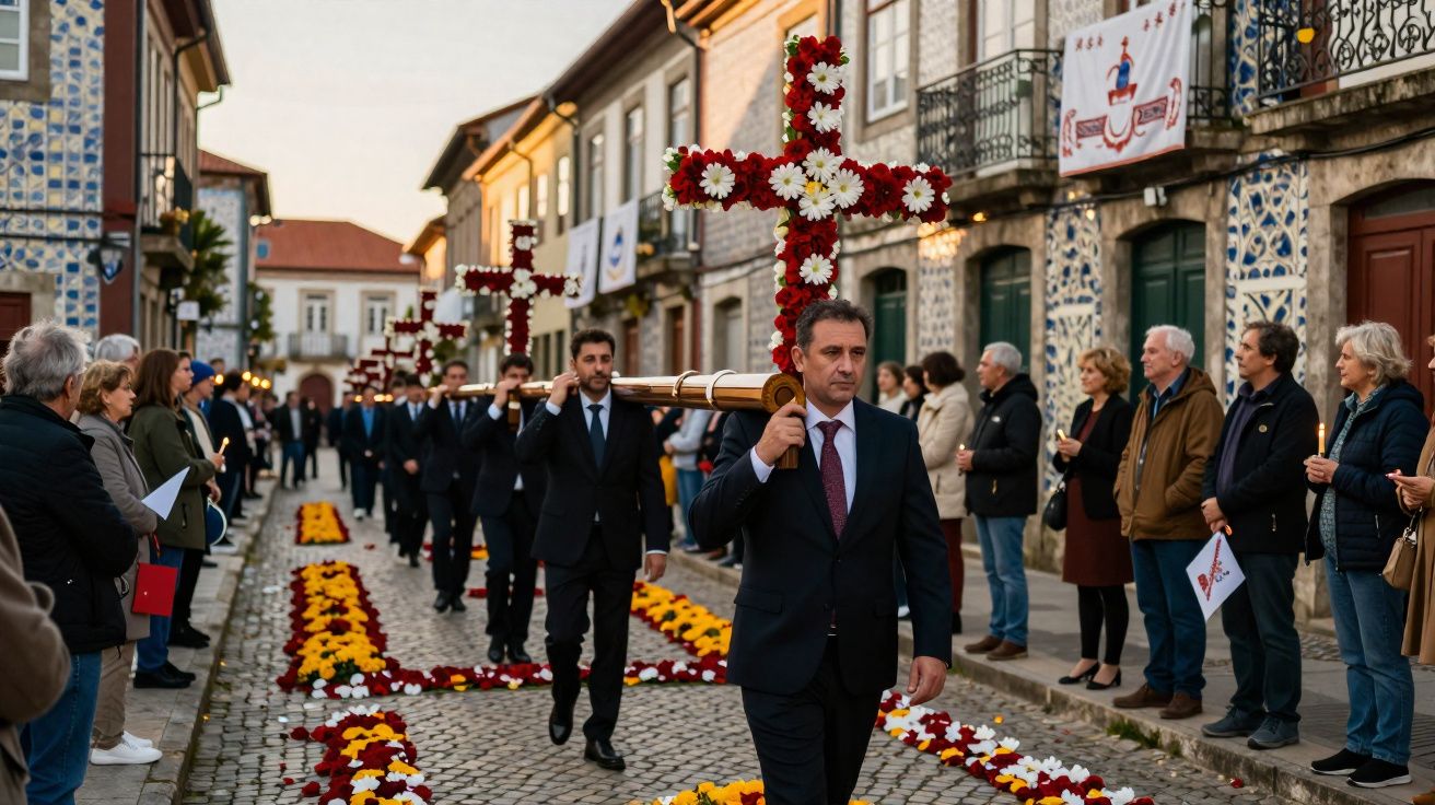 Homens de fato a carregar cruzes de flores durante procissão em rua antiga com espectadores nas calçadas.