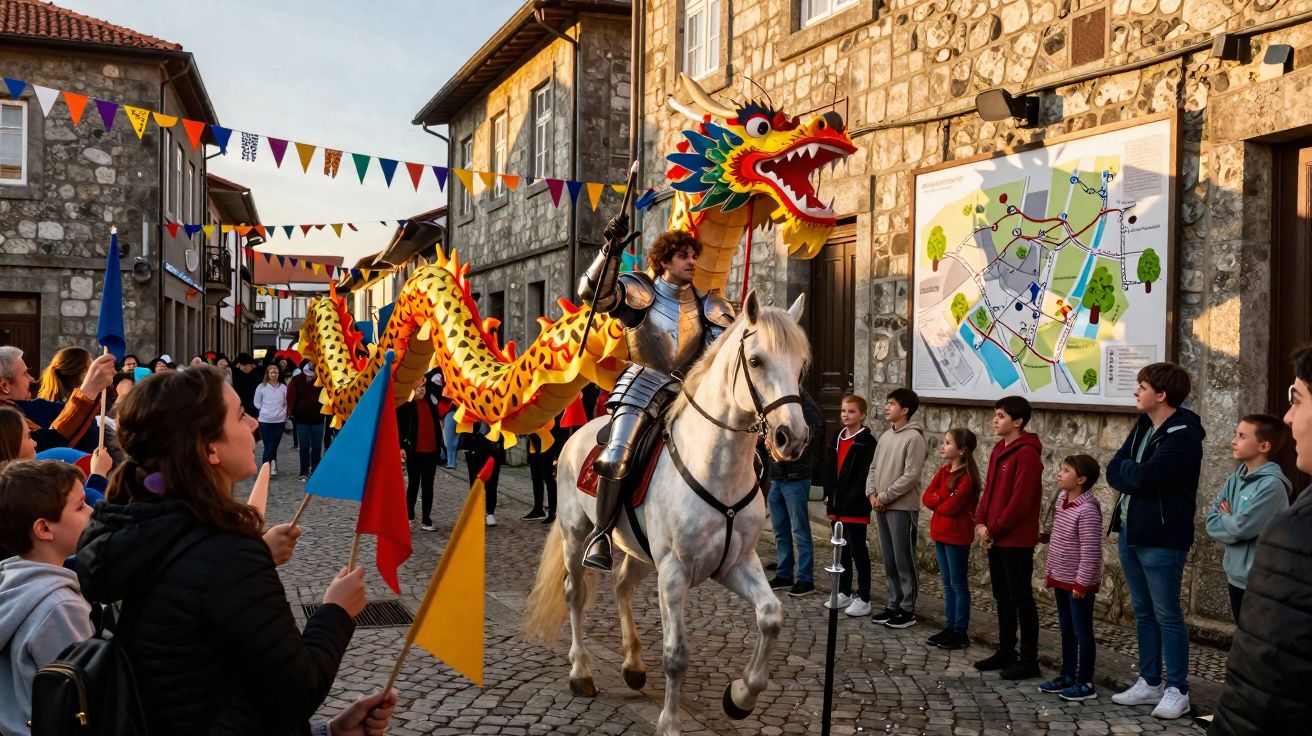 Desfile com cavaleiro em armadura montado num cavalo branco e dragão colorido, rodeado por crianças e bandeiras.