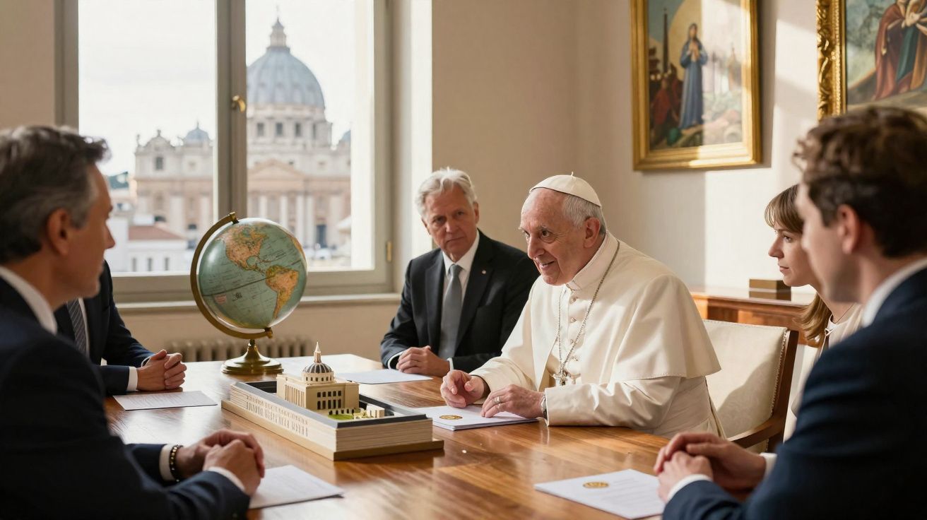 Papa Francisco numa reunião com várias pessoas numa sala com vista para a Basílica de São Pedro.