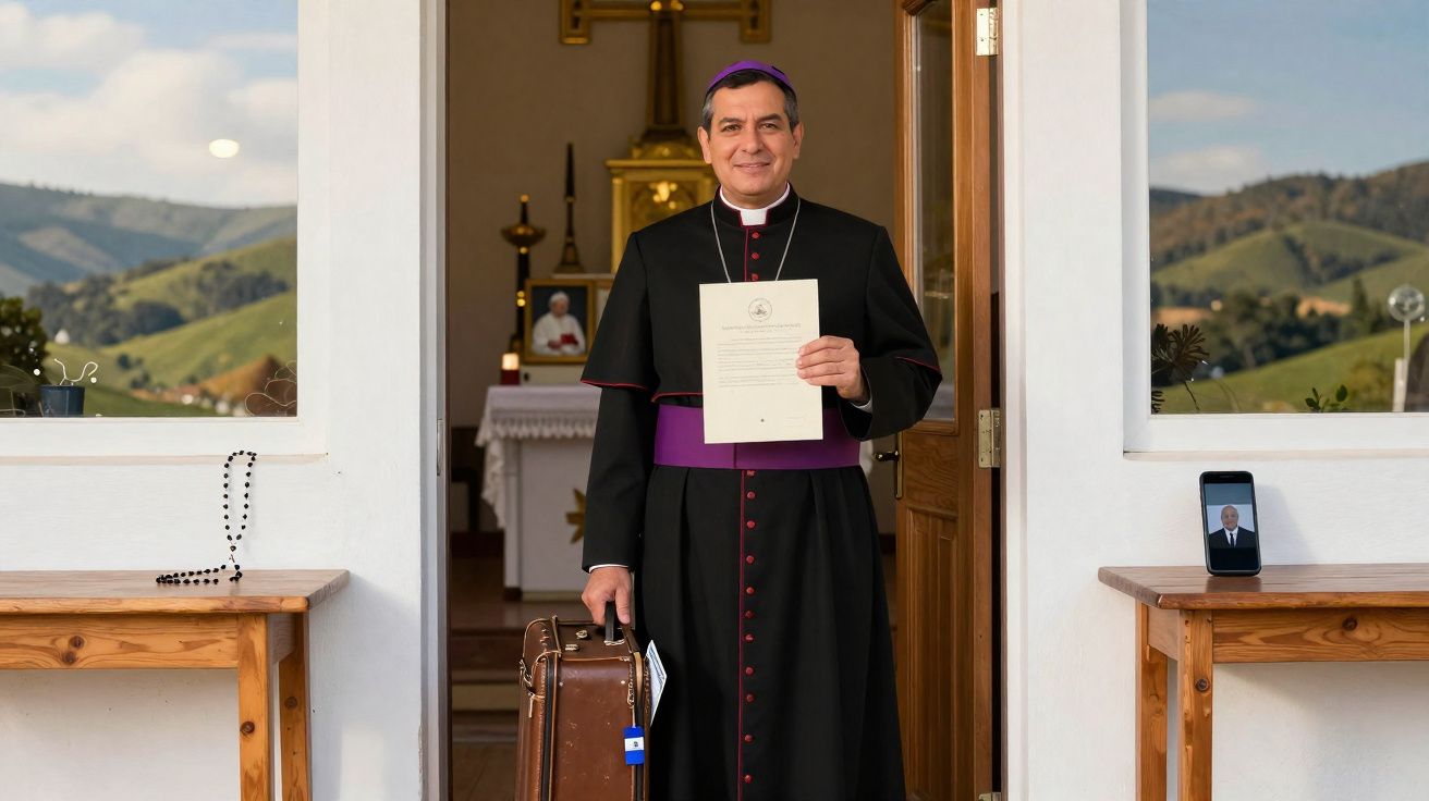 Bispo de batina preta com faixa roxa segura documento e mala na entrada de igreja rural com colinas ao fundo.
