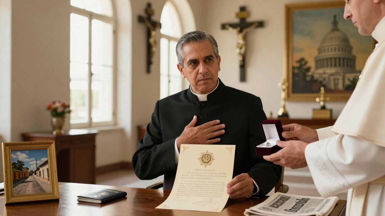 Padre sentado numa sala a receber um anel entregue por outro homem vestido com roupa clerical branca.