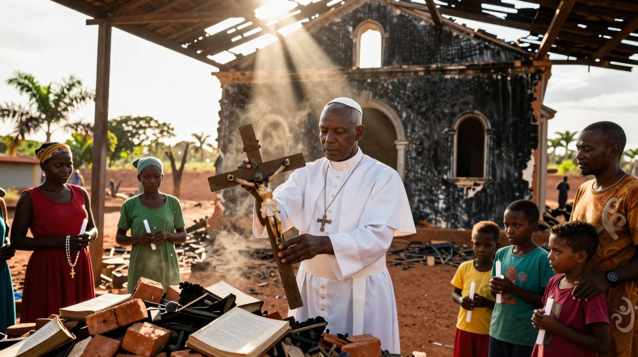 Sacerdote em roupa branca segura crucifixo diante de igreja destruída, com fiéis em oração ao redor.