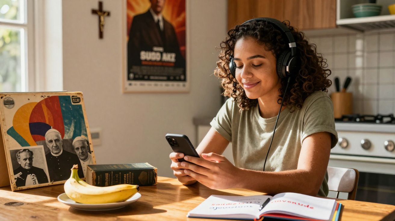 Mulher jovem a ouvir música com auscultadores e a sorrir, sentada numa mesa com livros e bananas.