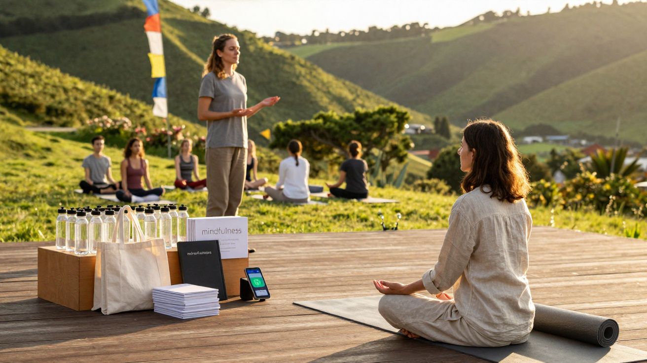 Grupo de pessoas a praticar meditação ao ar livre numa paisagem de colinas verdes ao pôr do sol.