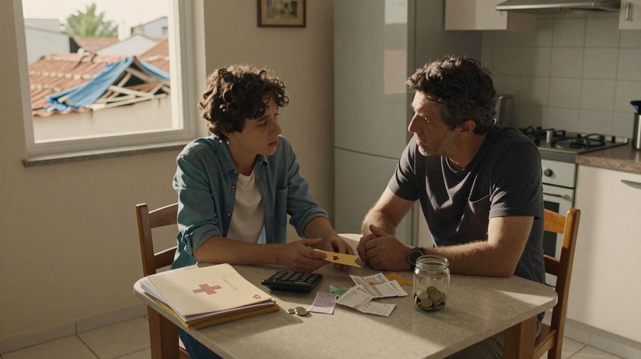Dois homens sentados à mesa a discutir documentos e contas numa cozinha iluminada pela luz natural.