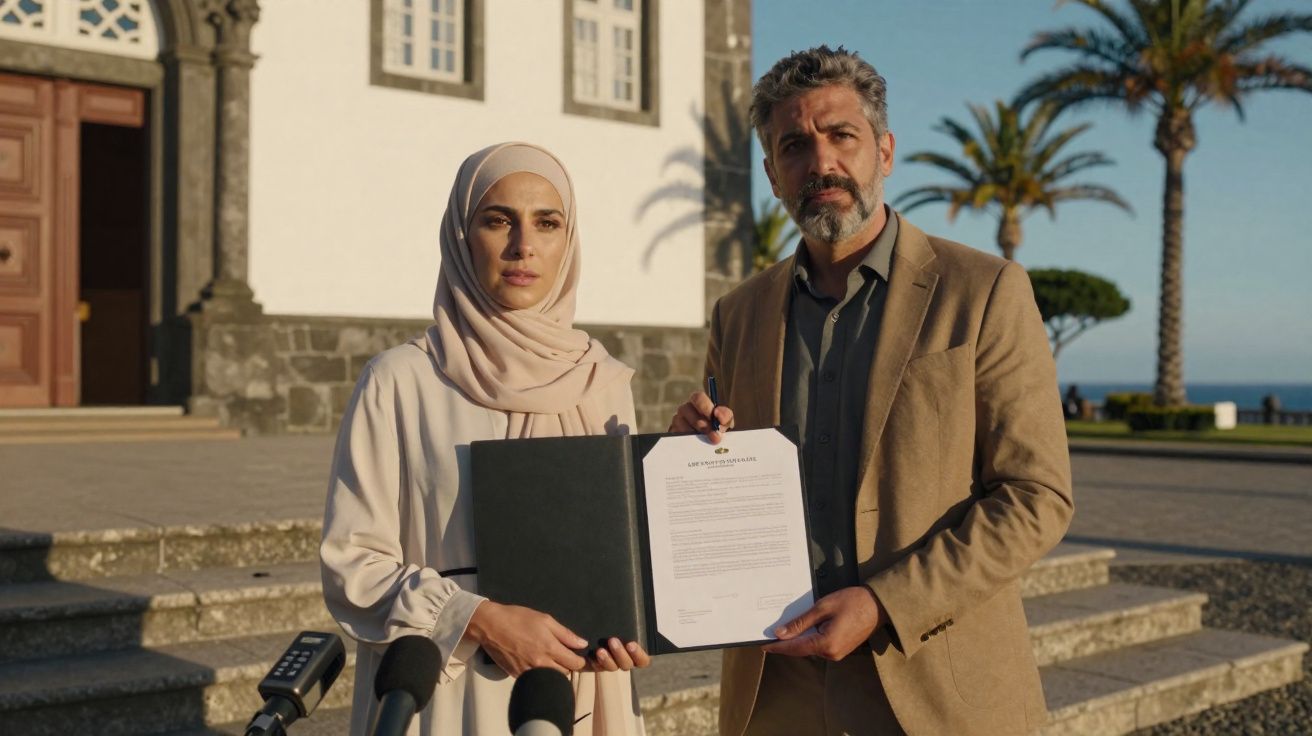 Homem e mulher com hijab apresentam documento à frente de edifício histórico ao ar livre e microfones.