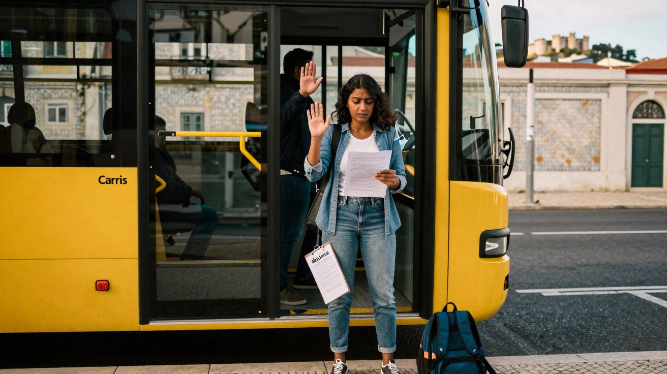 Mulher em pé junto a autocarro amarelo, com mão levantada e a ler documento, mochila no chão ao lado.