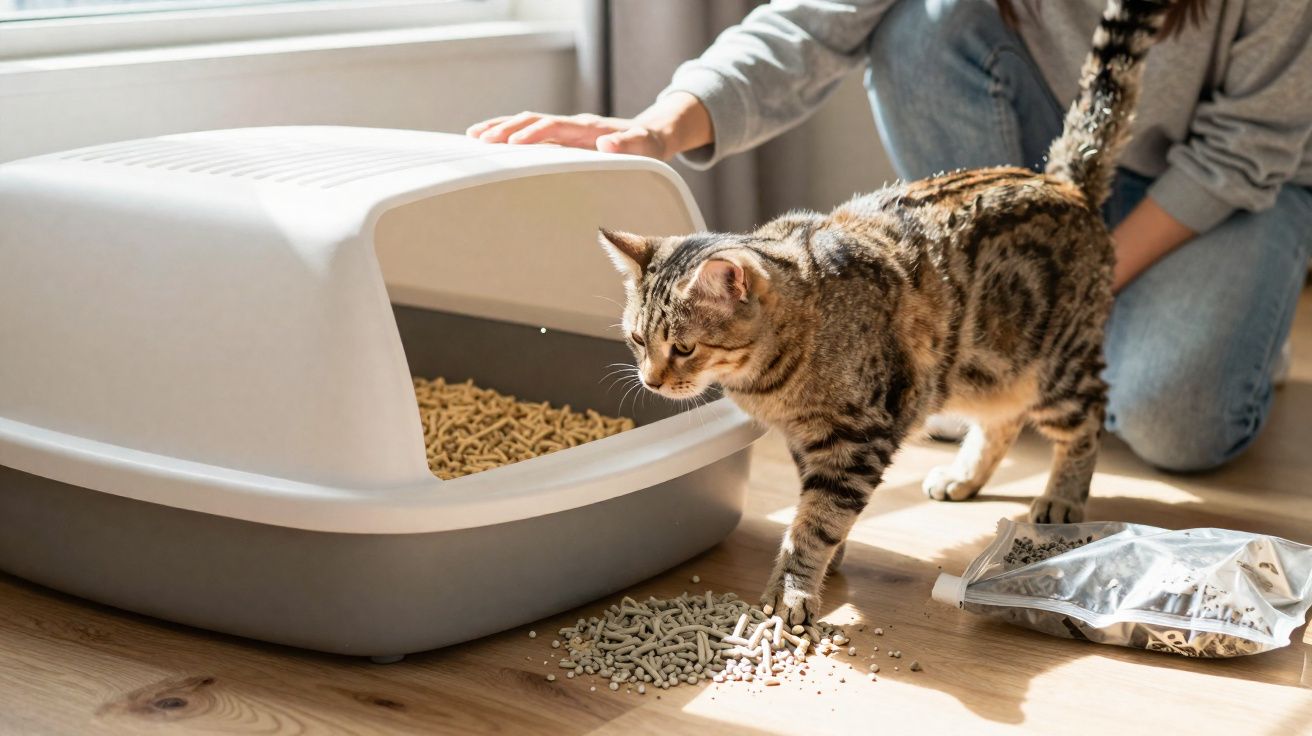 Gato perto de uma caixa sanitária para gatos com pellet, ao lado de uma pessoa que está agachada.