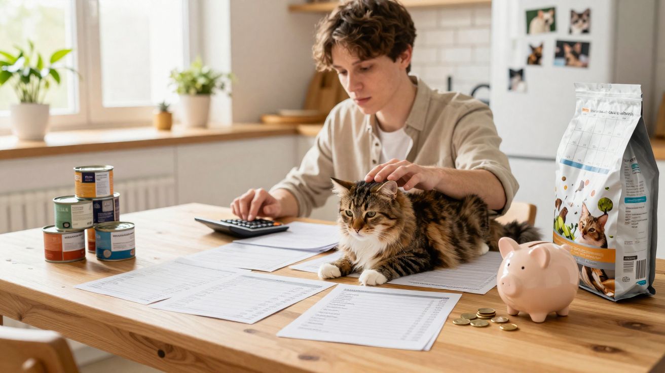 Pessoa a calcular despesas com alimentação de gato em casa, com tinteiros, mealheiro e documentos na mesa.