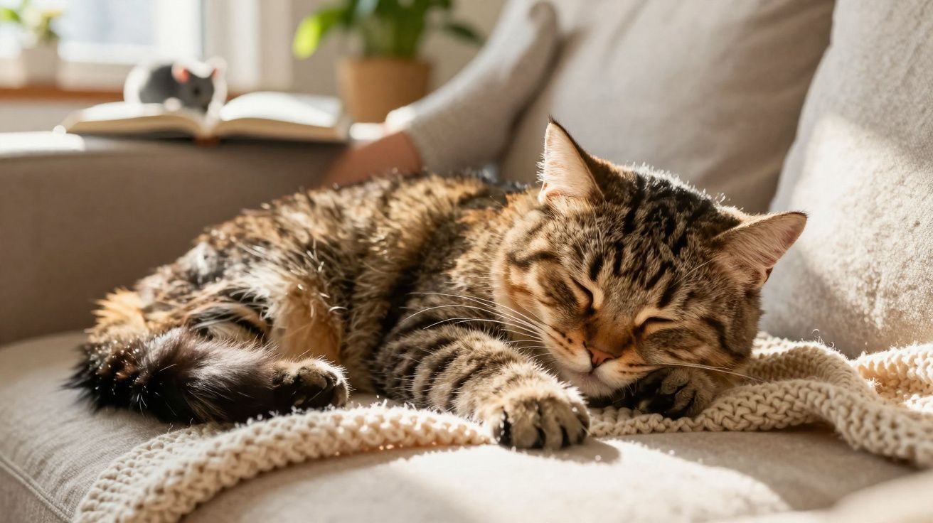 Gato malhado a dormir confortavelmente numa manta de malha num sofá com luz solar suave.