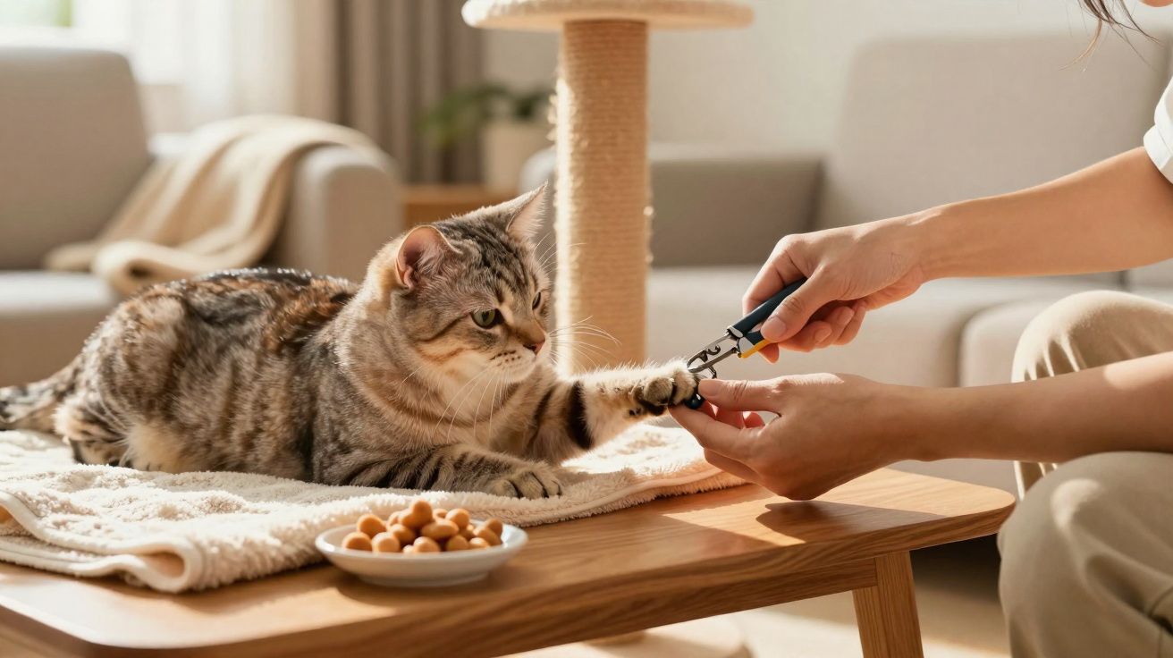 Pessoa a cortar as unhas de um gato cinzento numa mesa de madeira com pratinho de petiscos ao lado.