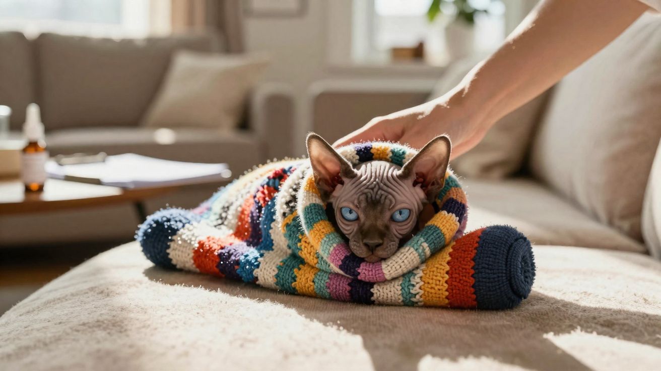 Gato Sphynx enrolado num cobertor colorido com olhos azuis, deitado num sofá bege, com mão a tocar-lhe.