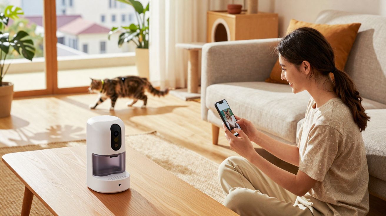 Mulher sentada na sala a controlar com o telemóvel um dispensador automático de comida para gato.