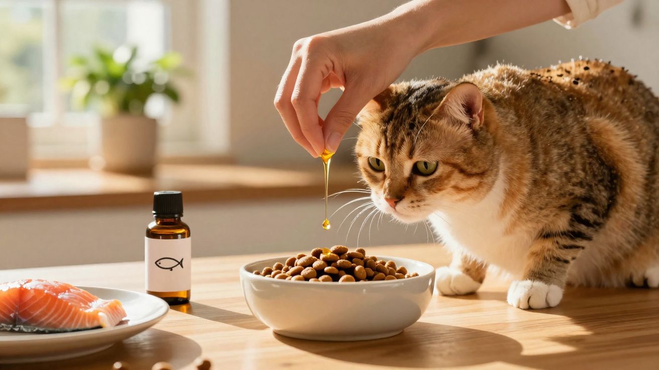 Gato a cheirar comida seca enquanto uma mão pinga óleo sobre a ração numa tigela branca.