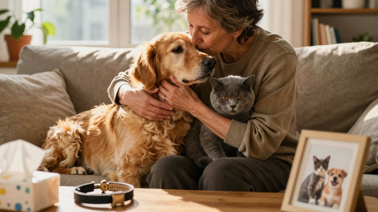 Mulher abraça e beija cão dourado e gato cinzento sentados no sofá numa sala iluminada.