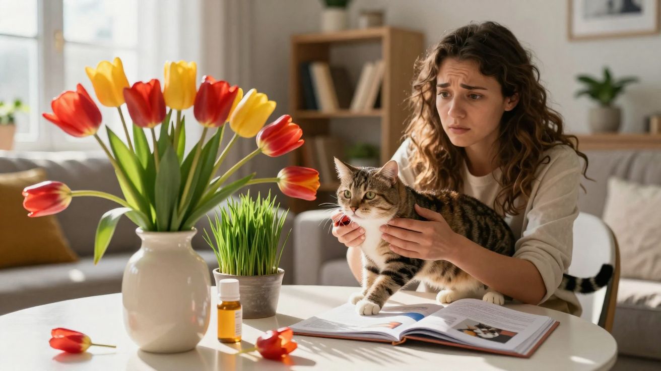 Mulher preocupa-se com gato sobre mesa com flores, livro aberto e frascos pequenos em sala iluminada.