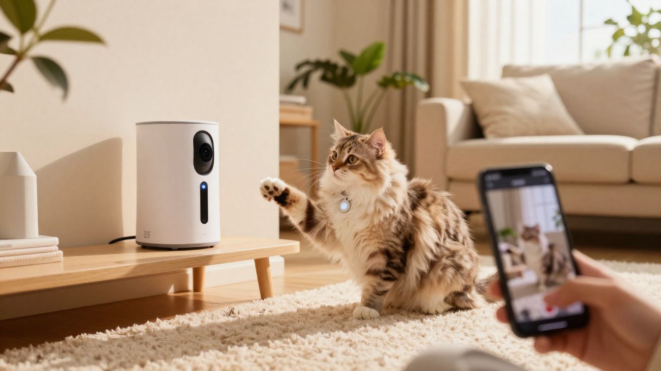 Gato com coleira frente a uma câmara de vigilância em sala luminosa, enquanto pessoa tira foto com telemóvel.