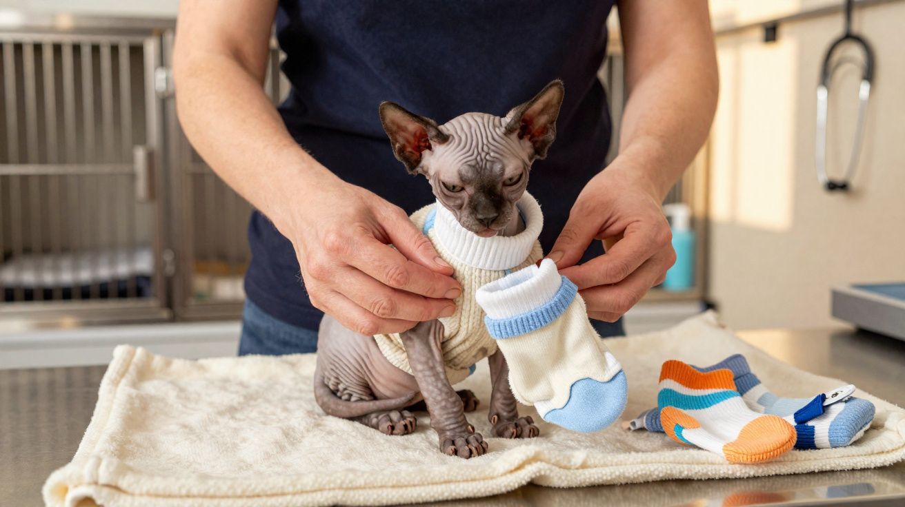 Gato esfinge sem pelo vestido com camisola branco e azul, com meias coloridas ao lado, em cima de toalha.