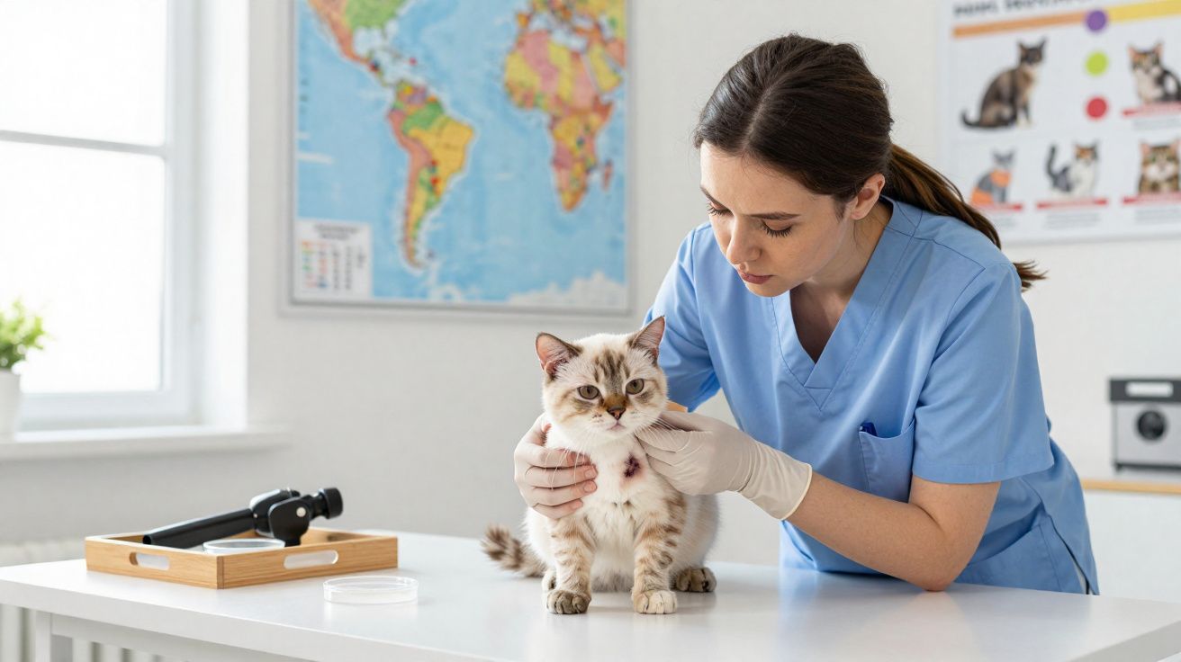 Veterinária examina gato branco com olhos azuis numa clínica veterinária luminosa.