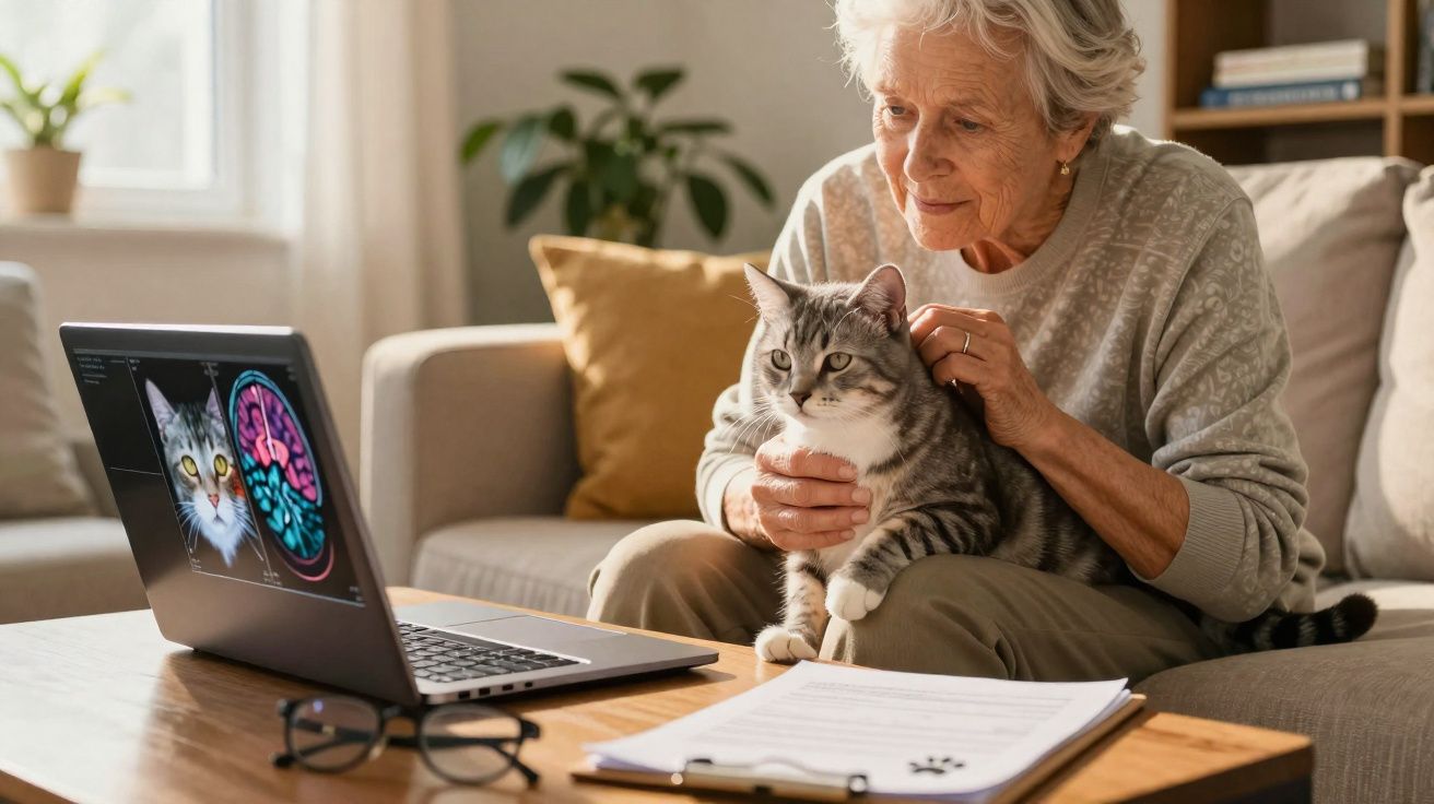 Idosa sentada no sofá a segurar e acariciar um gato enquanto vê imagens cerebrais no portátil.