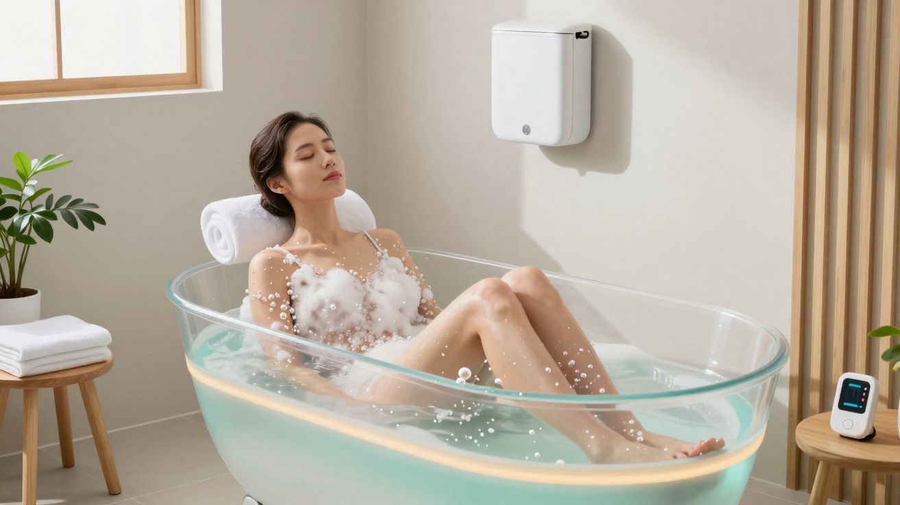 Mulher relaxa numa banheira transparente com espuma num ambiente moderno e luminoso.