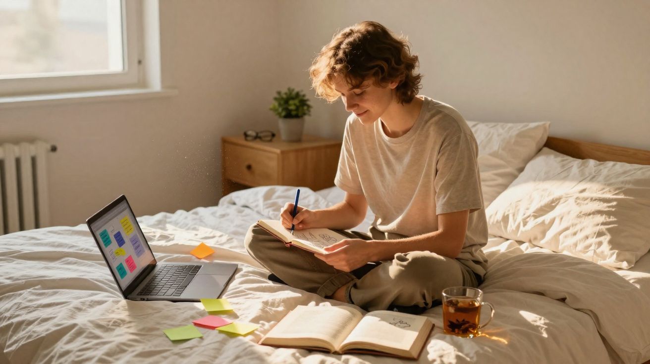 Pessoa a estudar sentada na cama com caderno, livro, chá e computador portátil com notas coloridas.