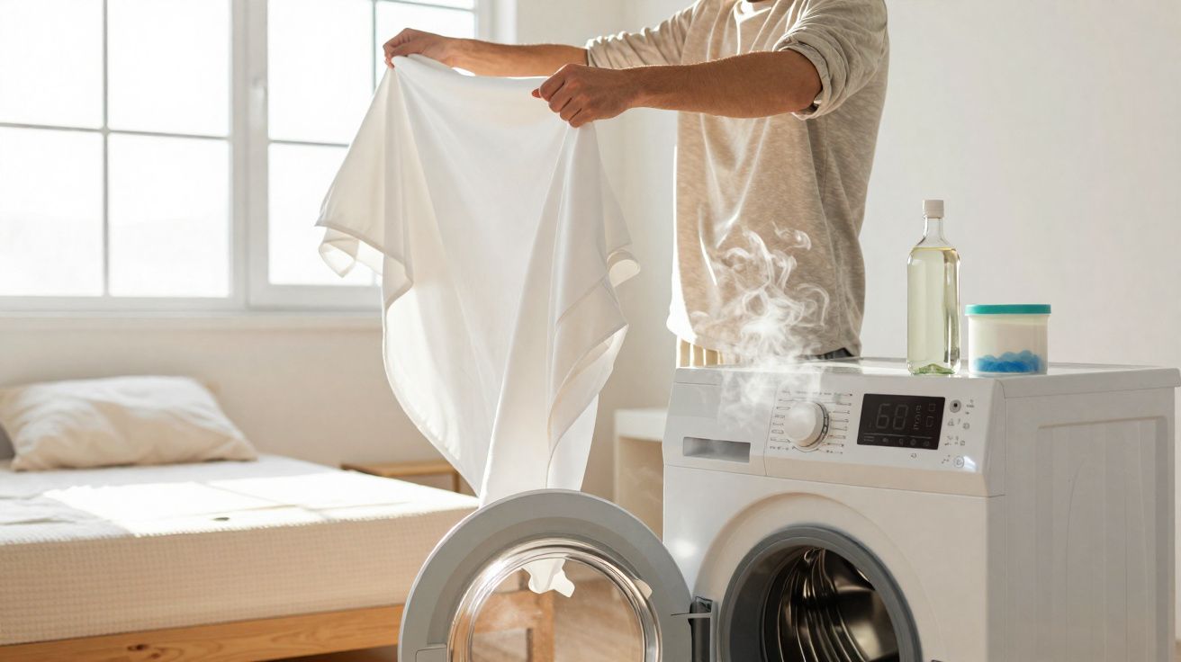 Pessoa a retirar uma t-shirt branca quente da máquina de lavar roupa num quarto luminoso.