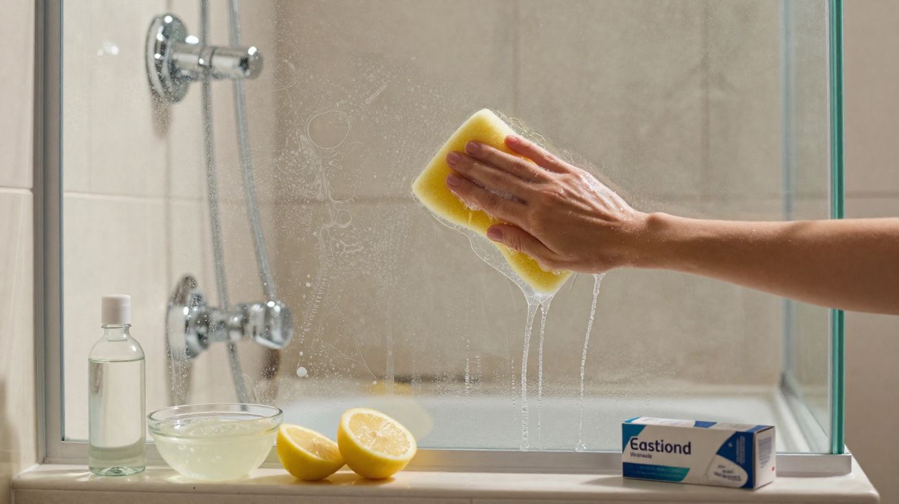 Mão a limpar vidro com esponja, limão cortado, frasco com líquido e caixa de produto de limpeza na janela.