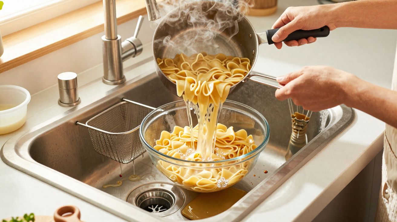 Pessoa a escorrer massa quente num tacho para uma taça de vidro na pia da cozinha.