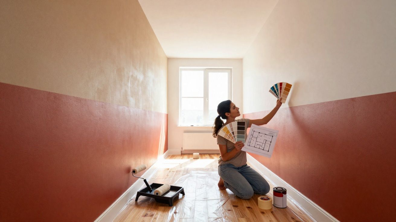 Mulher a escolher cores para pintar uma parede num quarto com chão de madeira e luz natural.