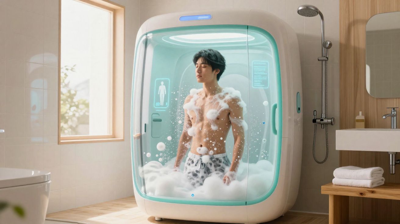 Homem dentro de uma cabine de banho futurista com espuma, num banheiro moderno e iluminado.