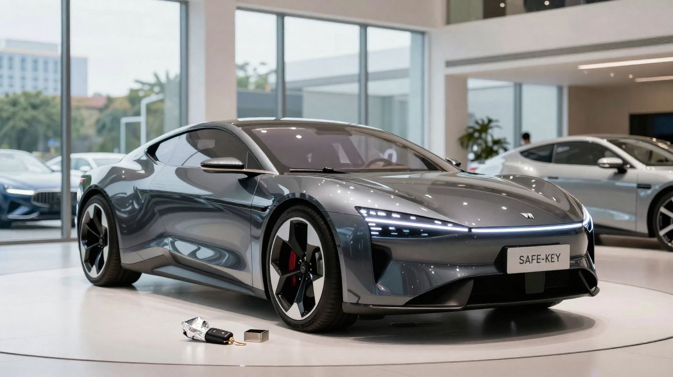 Carro desportivo elétrico cinzento com design moderno em exposição numa sala iluminada.