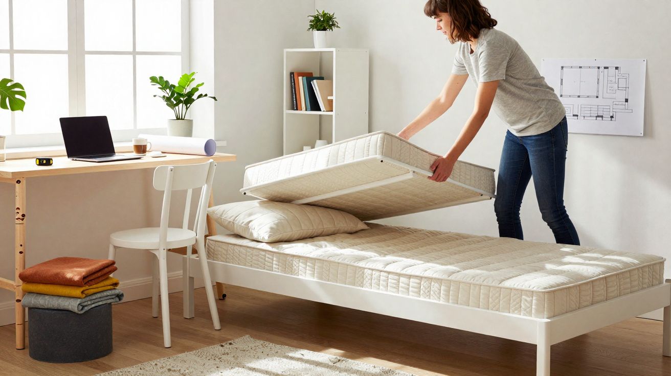 Mulher a levantar colchão num quarto luminoso com secretária, cadeira, plantas e estante de livros.