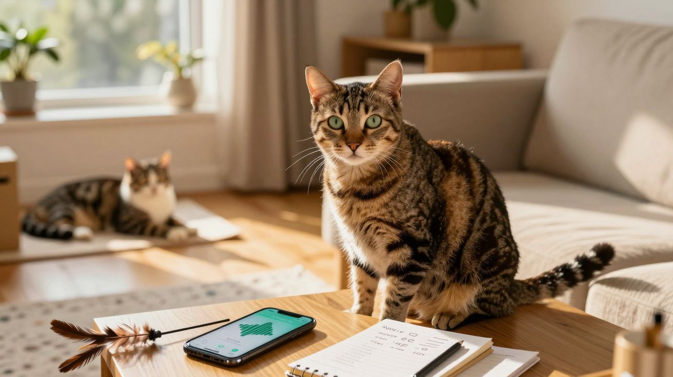 Gato tigrado sentado numa mesa de madeira em sala iluminada, com outro gato ao fundo junto à janela.