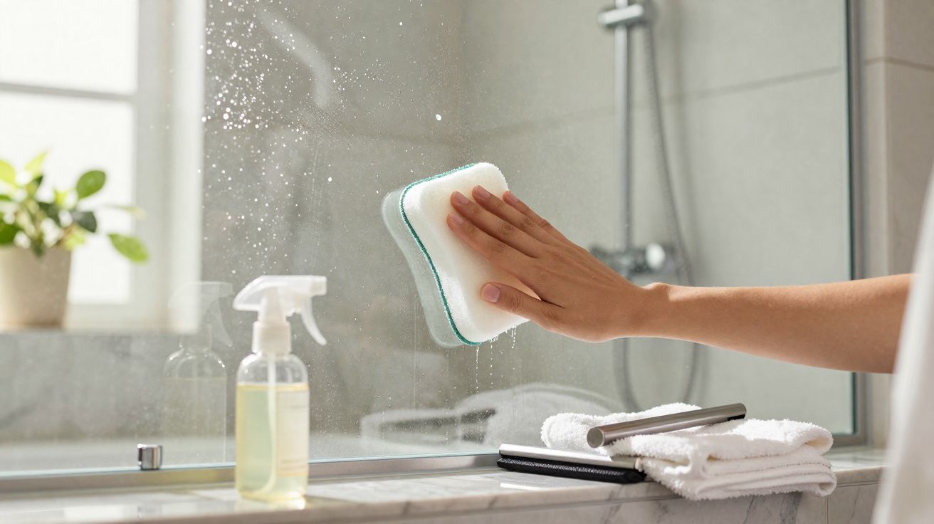 Mão a limpar espelho de casa de banho com um esfregão branco e verniz de spray.