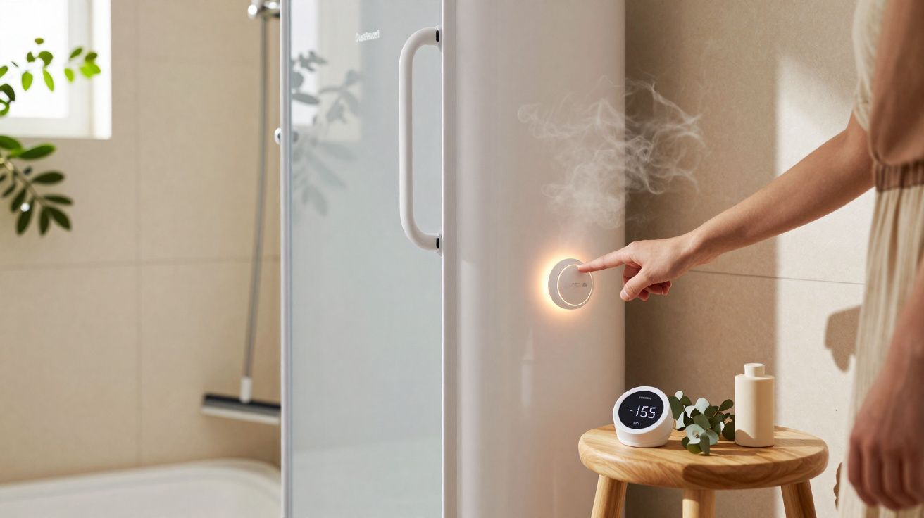 Pessoa a ativar difusor de aromas acoplado a parede numa casa de banho moderna e iluminada.