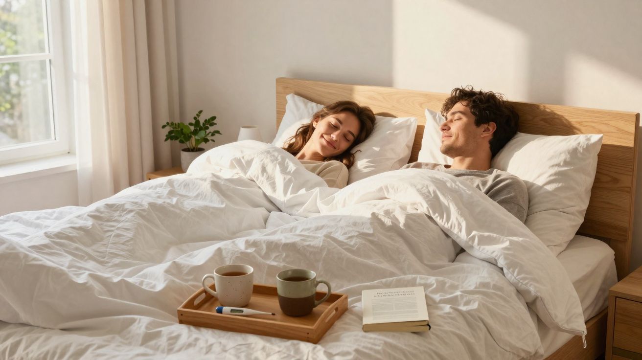 Casal deitado na cama com mantas brancas, luz natural e tabuleiro com chávena e livro.