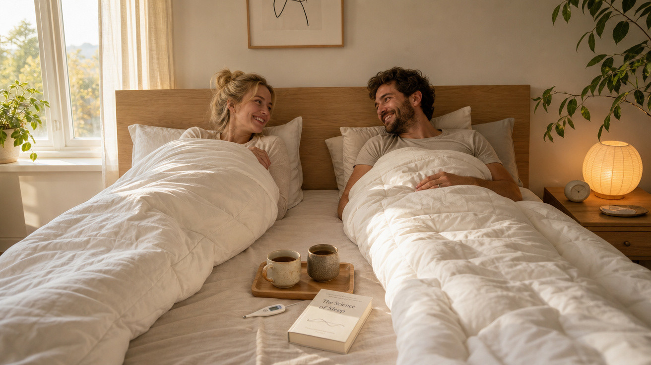 Casal deitado na cama, coberto com edredons brancos, sorrindo um para o outro numa manhã ensolarada.