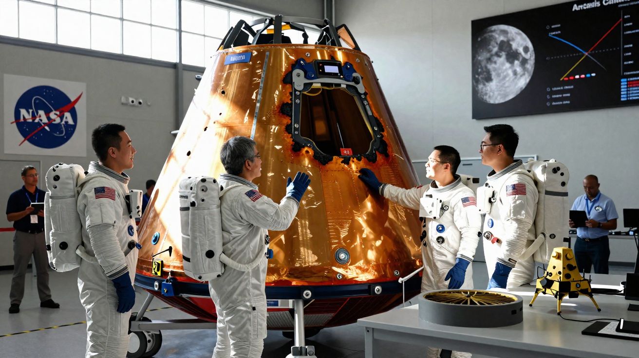 Astronautas em fatos espaciais inspecionam módulo de comando dourado num hangar da NASA.